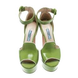 Pre Owned Prada Green Leather Ankle Strap Platform Sandals Size 36
