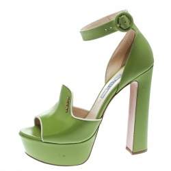 Pre Owned Prada Green Leather Ankle Strap Platform Sandals Size 36