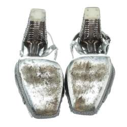 Pre Owned Prada Silver Fabric and Leather Crystal Embellished Slingback Sandals Size 36