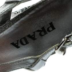 Pre Owned Prada Silver Fabric and Leather Crystal Embellished Slingback Sandals Size 36