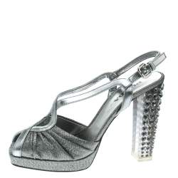 Pre Owned Prada Silver Fabric and Leather Crystal Embellished Slingback Sandals Size 36