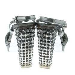 Pre Owned Prada Silver Fabric and Leather Crystal Embellished Slingback Sandals Size 36