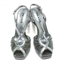 Pre Owned Prada Silver Fabric and Leather Crystal Embellished Slingback Sandals Size 36