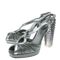 Pre Owned Prada Silver Fabric and Leather Crystal Embellished Slingback Sandals Size 36