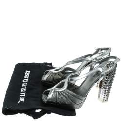 Pre Owned Prada Silver Fabric and Leather Crystal Embellished Slingback Sandals Size 36