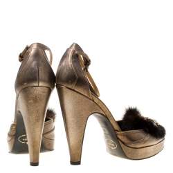 Pre Owned Prada Bronze Leather Crystal Embellished Ankle Strap Peep Toe Platforms Pumps Size 38