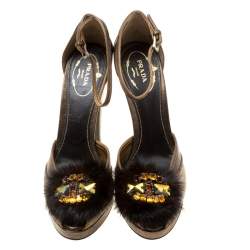 Pre Owned Prada Bronze Leather Crystal Embellished Ankle Strap Peep Toe Platforms Pumps Size 38