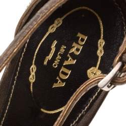 Pre Owned Prada Bronze Leather Crystal Embellished Ankle Strap Peep Toe Platforms Pumps Size 38