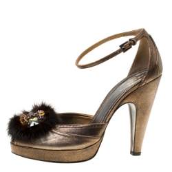 Pre Owned Prada Bronze Leather Crystal Embellished Ankle Strap Peep Toe Platforms Pumps Size 38