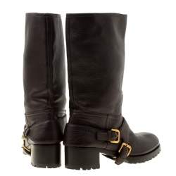 Pre Owned Prada Brown Leather Buckle Detail Calf Length Boots Size 37