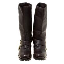 Pre Owned Prada Brown Leather Buckle Detail Calf Length Boots Size 37