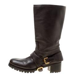 Pre Owned Prada Brown Leather Buckle Detail Calf Length Boots Size 37