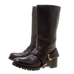 Pre Owned Prada Brown Leather Buckle Detail Calf Length Boots Size 37
