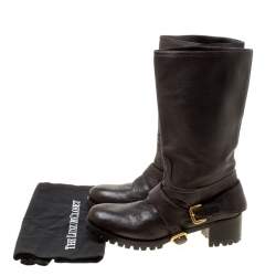 Pre Owned Prada Brown Leather Buckle Detail Calf Length Boots Size 37