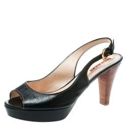 Pre Owned Prada Sport Black Leather Peep Toe Platform Slingback Sandals Size 38.5