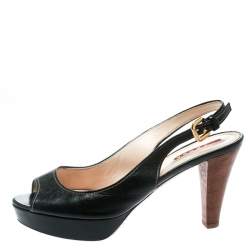 Pre Owned Prada Sport Black Leather Peep Toe Platform Slingback Sandals Size 38.5