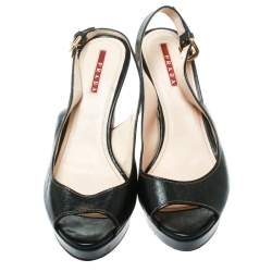 Pre Owned Prada Sport Black Leather Peep Toe Platform Slingback Sandals Size 38.5