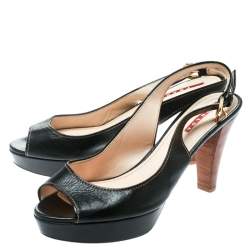 Pre Owned Prada Sport Black Leather Peep Toe Platform Slingback Sandals Size 38.5