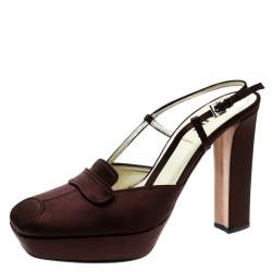 Pre Owned Prada Brown Satin Platform Block Heel Loafer Sandals Size 39.5