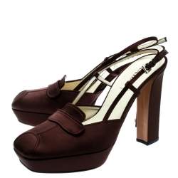 Pre Owned Prada Brown Satin Platform Block Heel Loafer Sandals Size 39.5