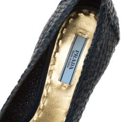 Prada Blue Woven Leather Madras Platform Pumps Size 38