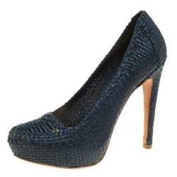 Prada Blue Woven Leather Madras Platform Pumps Size 38