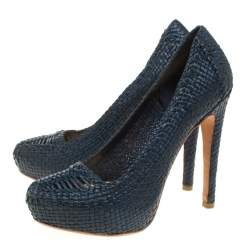 Prada Blue Woven Leather Madras Platform Pumps Size 38