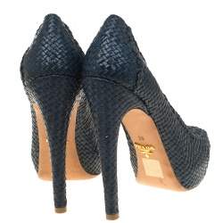 Prada Blue Woven Leather Madras Platform Pumps Size 38