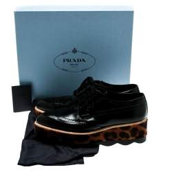 Pre Owned Prada Black Brogue Leather And Leopard Print Calf Hair Platform Derby Size 41