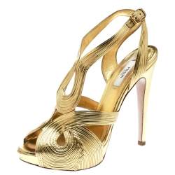 Pre Owned Prada Metallic Gold Leather Peep Toe Ankle Strap Platform Sandals Size 38
