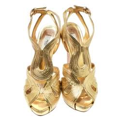 Pre Owned Prada Metallic Gold Leather Peep Toe Ankle Strap Platform Sandals Size 38
