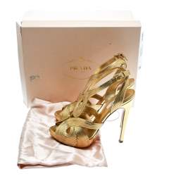 Pre Owned Prada Metallic Gold Leather Peep Toe Ankle Strap Platform Sandals Size 38