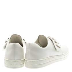 Pre Owned Prada White Crystal Embellished Leather Velcro Sneakers Size 40