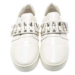 Pre Owned Prada White Crystal Embellished Leather Velcro Sneakers Size 40