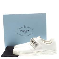 Pre Owned Prada White Crystal Embellished Leather Velcro Sneakers Size 40