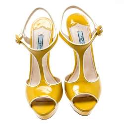 Pre Owned Prada Yellow Patent Leather T-Strap Platform Sandals Size 37.5