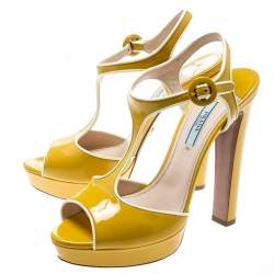 Pre Owned Prada Yellow Patent Leather T-Strap Platform Sandals Size 37.5
