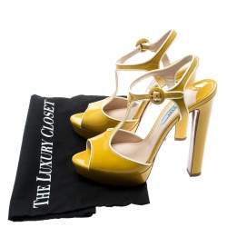 Pre Owned Prada Yellow Patent Leather T-Strap Platform Sandals Size 37.5