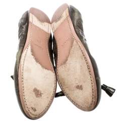 Pre Owned  Prada Green Leather Fringe Bow Logo Scrunch Ballet Flats Size 37.5