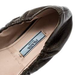 Pre Owned  Prada Green Leather Fringe Bow Logo Scrunch Ballet Flats Size 37.5