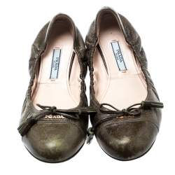 Pre Owned  Prada Green Leather Fringe Bow Logo Scrunch Ballet Flats Size 37.5