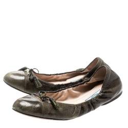 Pre Owned  Prada Green Leather Fringe Bow Logo Scrunch Ballet Flats Size 37.5