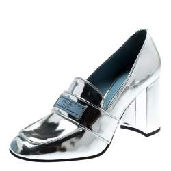 Pre Owned Prada Metallic Silver Leather Block Heel Loafer Pumps Size 37