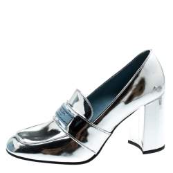Pre Owned Prada Metallic Silver Leather Block Heel Loafer Pumps Size 37