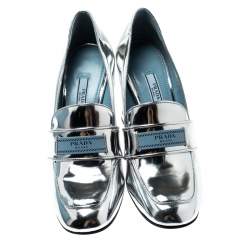 Pre Owned Prada Metallic Silver Leather Block Heel Loafer Pumps Size 37