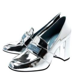 Pre Owned Prada Metallic Silver Leather Block Heel Loafer Pumps Size 37