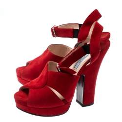 Prada Red Suede Leather Open Toe Ankle Strap Sandals Size 38