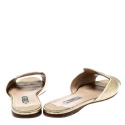 Pre Owned Prada Metallic Gold Saffiano Leather Flat Slides Size 36.5