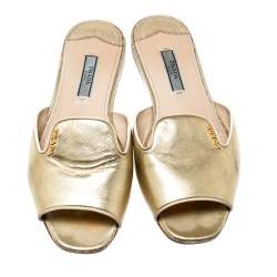 Pre Owned Prada Metallic Gold Saffiano Leather Flat Slides Size 36.5