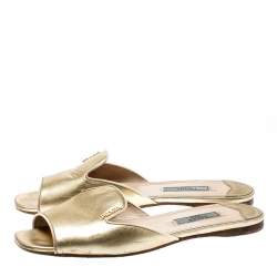 Pre Owned Prada Metallic Gold Saffiano Leather Flat Slides Size 36.5